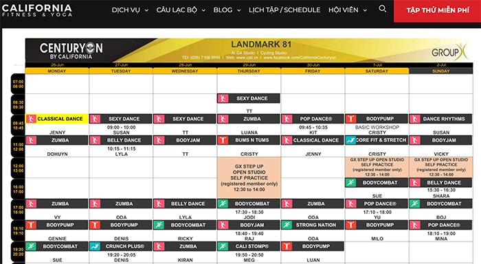 Lịch tập California Centuryon Landmark 81 Hcm