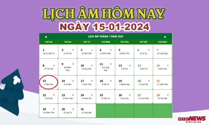 Xem lịch âm hôm nay ngày 15/1/2024.