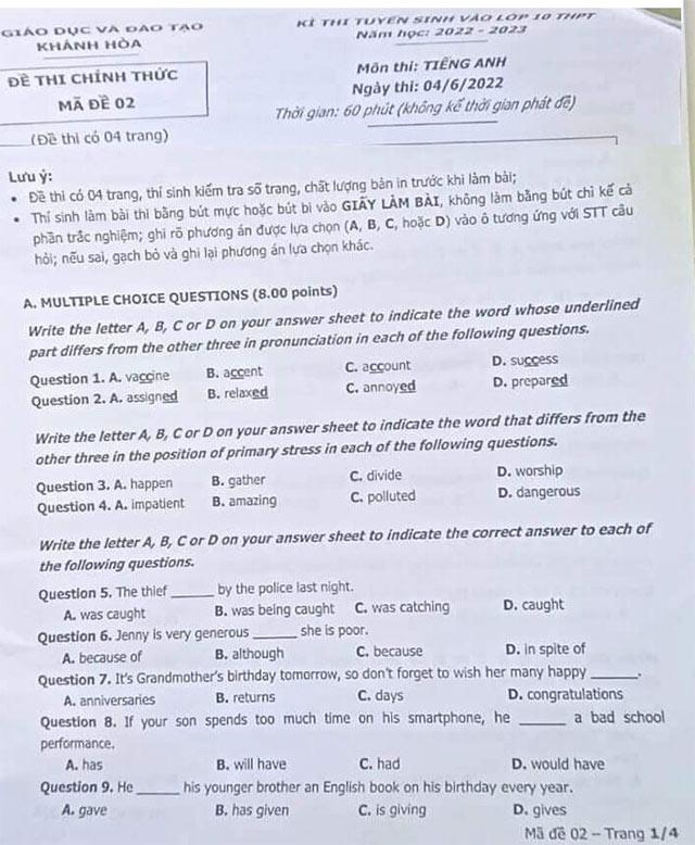 Bài kiểm tra trong 10 môn tiếng Anh vào năm 2022 - 2023 Khánh HOA HOA và đào tạo đã trả lời bài kiểm tra ở lớp 10 trong tiếng Anh 2022
