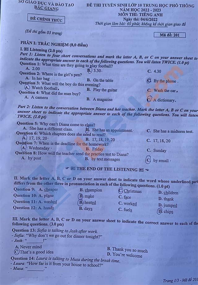 Kiểm tra trong 10 môn tiếng Anh vào năm 2022 - 2023 Bộ Giáo dục và Đào tạo Câu trả lời của BAC Giang cho kỳ thi ở Lớp 10 bằng tiếng Anh 2022