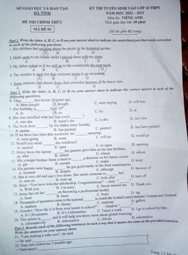 Kiểm tra trong 10 môn tiếng Anh vào năm 2022 - 2023 HA TINH Khoa và đào tạo đã trả lời bài kiểm tra ở lớp 10 bằng tiếng Anh 2022