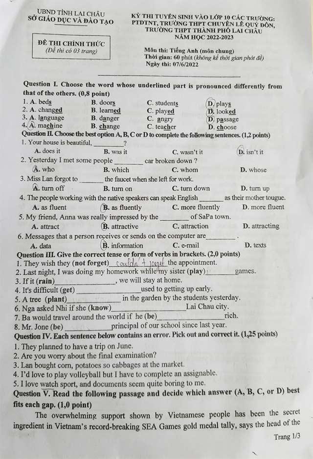 Bài kiểm tra trong 10 môn tiếng Anh vào năm 2022 - 2023 LAI CHAU Sở và đào tạo đã trả lời bài kiểm tra ở lớp 10 bằng tiếng Anh 2022