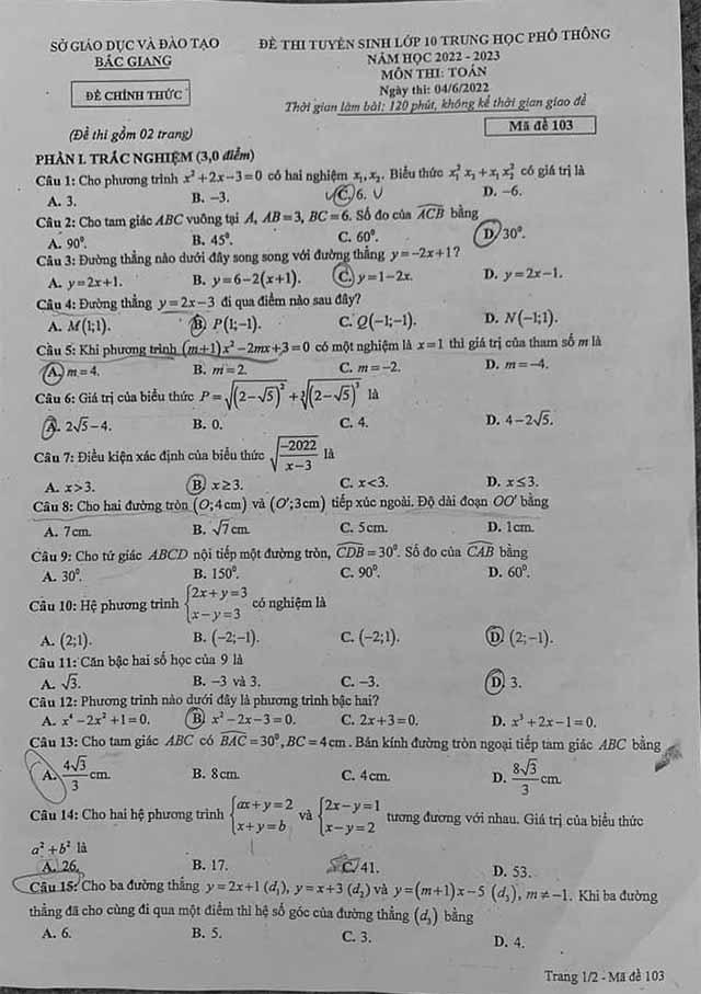 Kiểm tra trong 10 toán học năm 2022 - 2023 BAC GIA