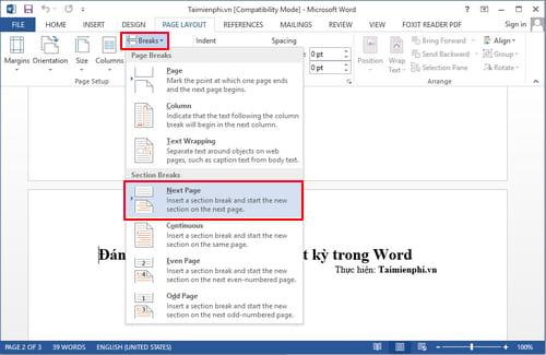 Cách đánh số trang từ một trang bất kỳ trong Word