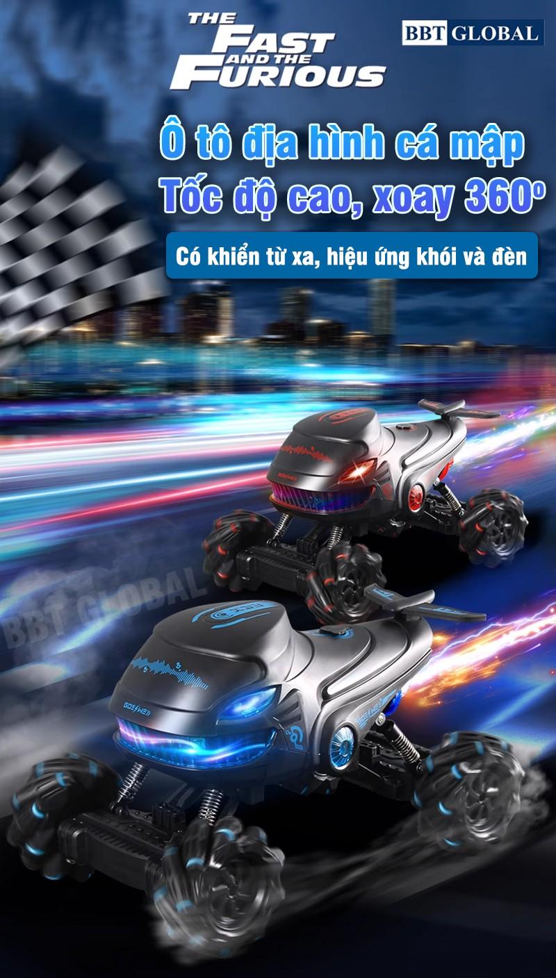 Xe ô tô địa hình cá mập có khiển từ xa, có đèn và khói, tốc độ cao xoay 360 độ S883